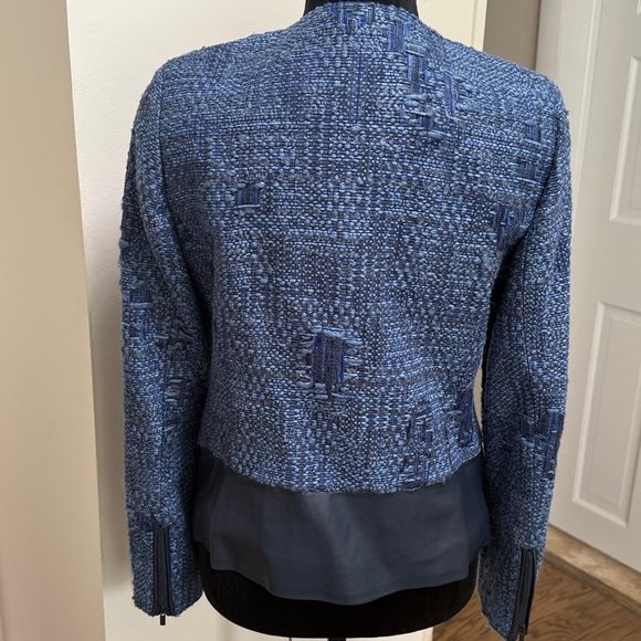 Ecru Blue Tweed With Navy Leather Zip up Jacket - Picture 2 of 8